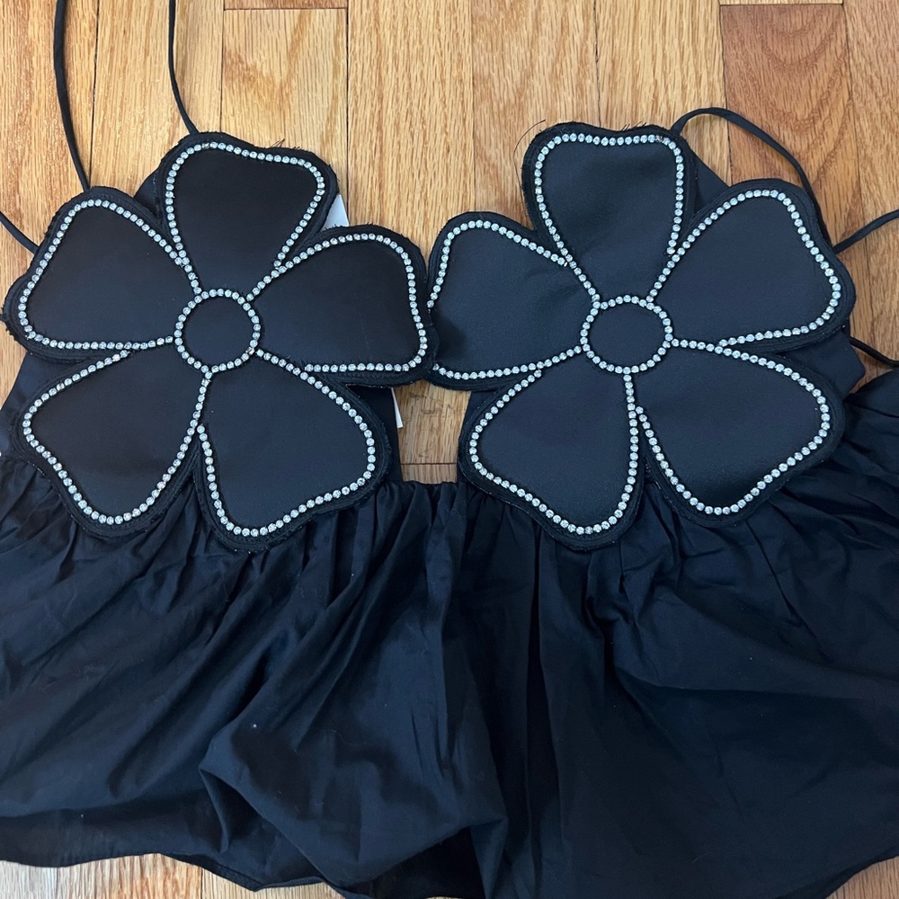 Zara Black Floral Appliqué Crop Top with Rhinestone Trim
